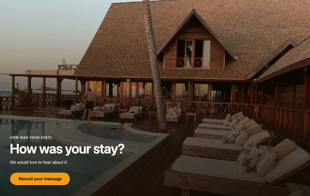 A branded Voicegram campaign page for a hotel, headlined How was your stay, with a Record your message button.